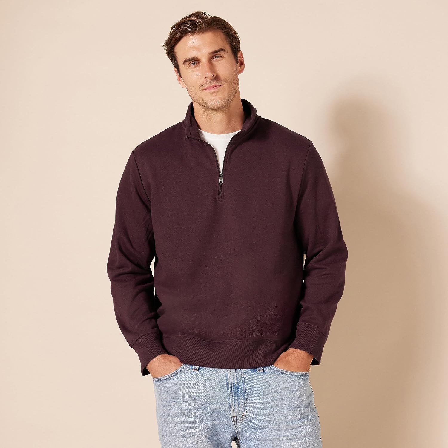 image:imageAmazon Essentials Mens Regular Fit LongSleeve QuarterZip Pullover Fleece Sweatshirt with Mock Neck MidweightBurgundy