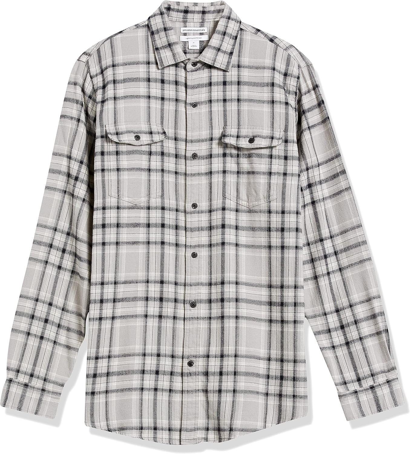 image:imageAmazon Essentials Mens RegularFit LongSleeve Flannel Shirt ButtonUp Cotton Twill Double Chest PocketsBlack Light Grey Plaid