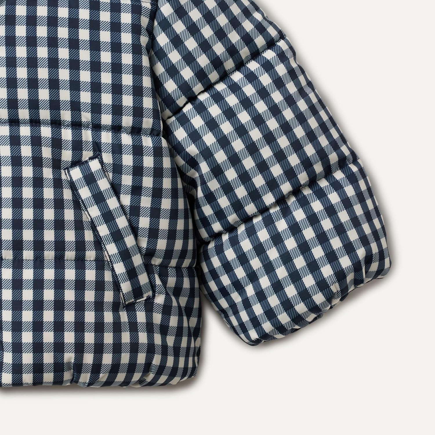image:imageAmazon Essentials x Sofia Grainge Babies Toddlers and Boys WaterResistant Hooded Puffer JacketNavy Ivory Gingham