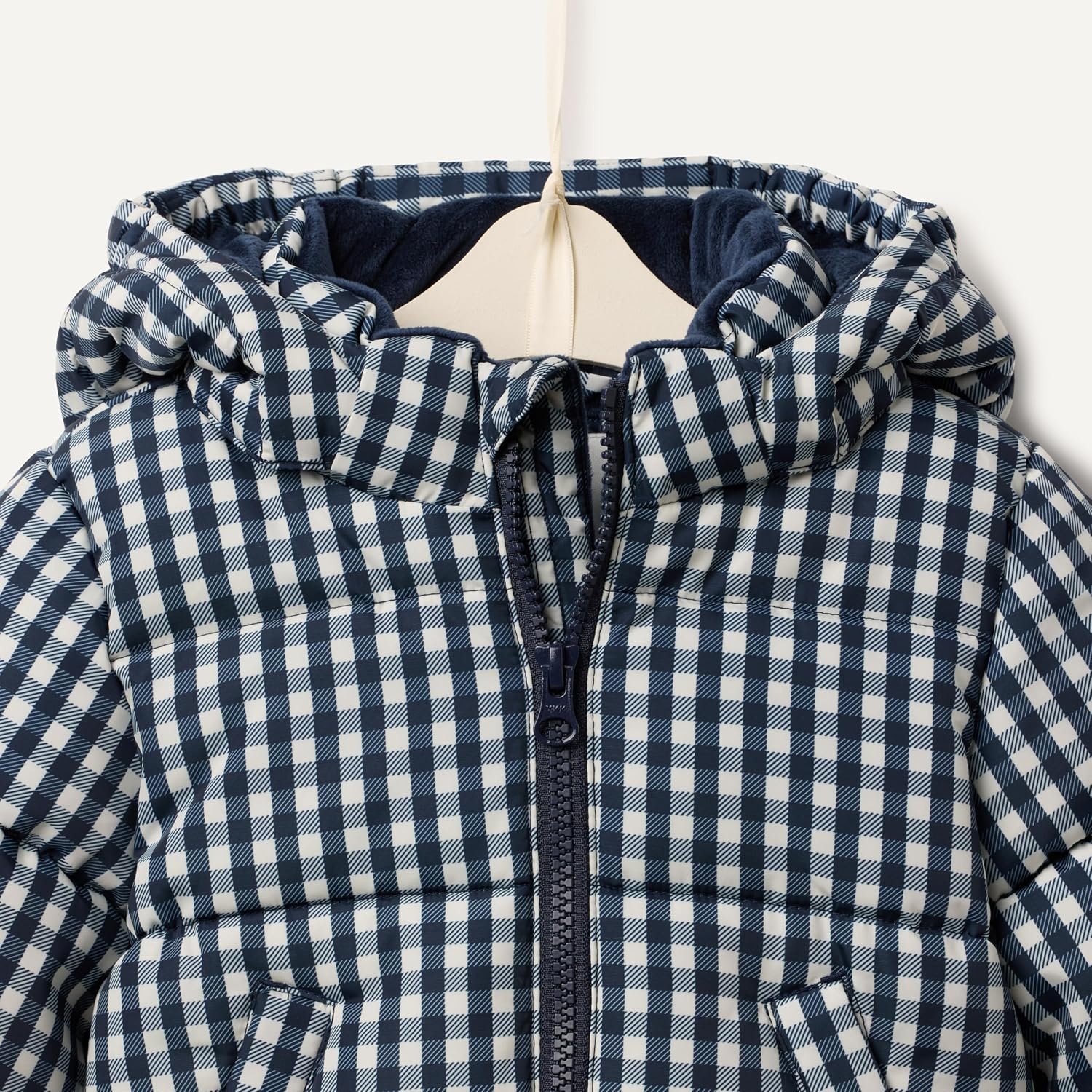 image:imageAmazon Essentials x Sofia Grainge Babies Toddlers and Boys WaterResistant Hooded Puffer JacketNavy Ivory Gingham