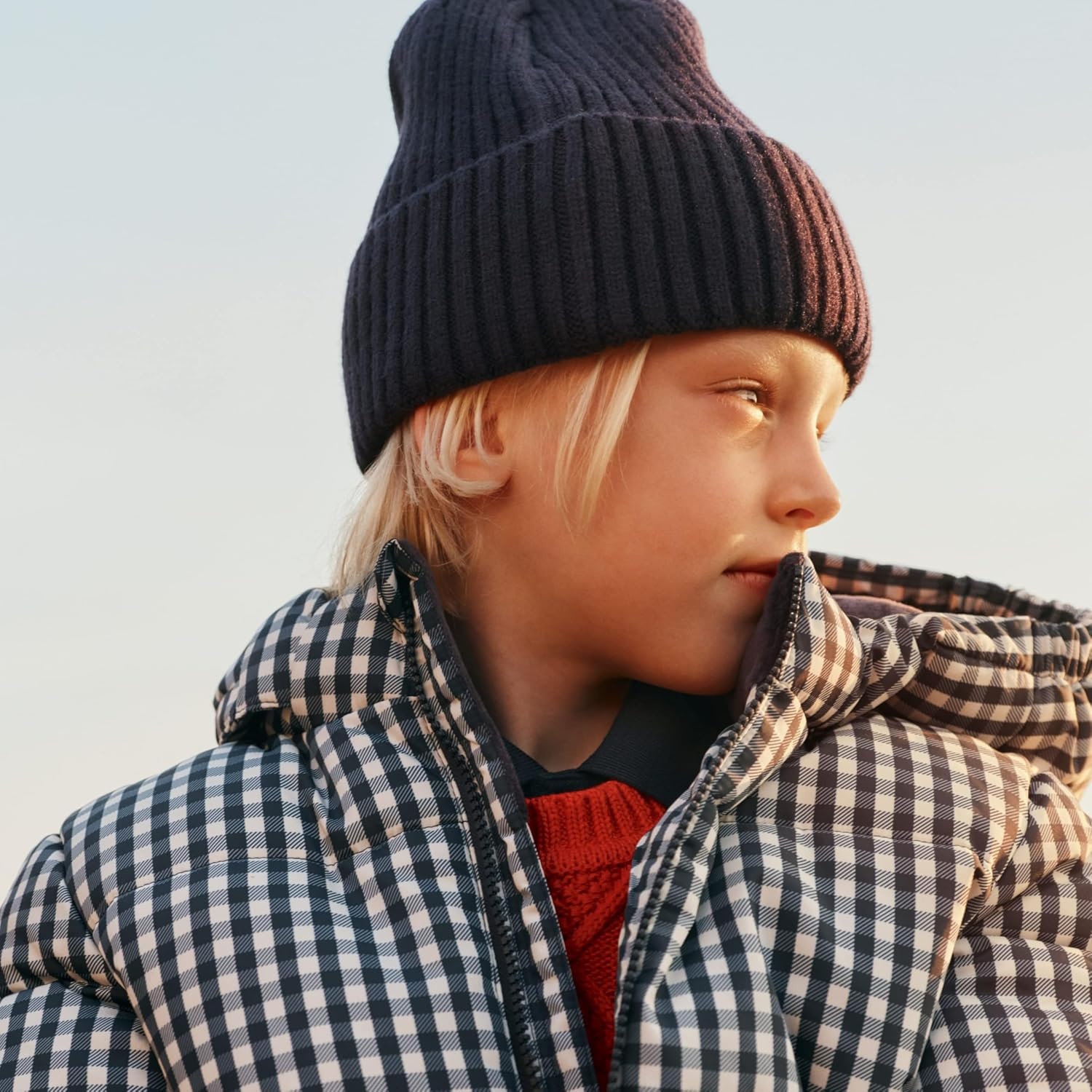 image:imageAmazon Essentials x Sofia Grainge Babies Toddlers and Boys WaterResistant Hooded Puffer JacketNavy Ivory Gingham