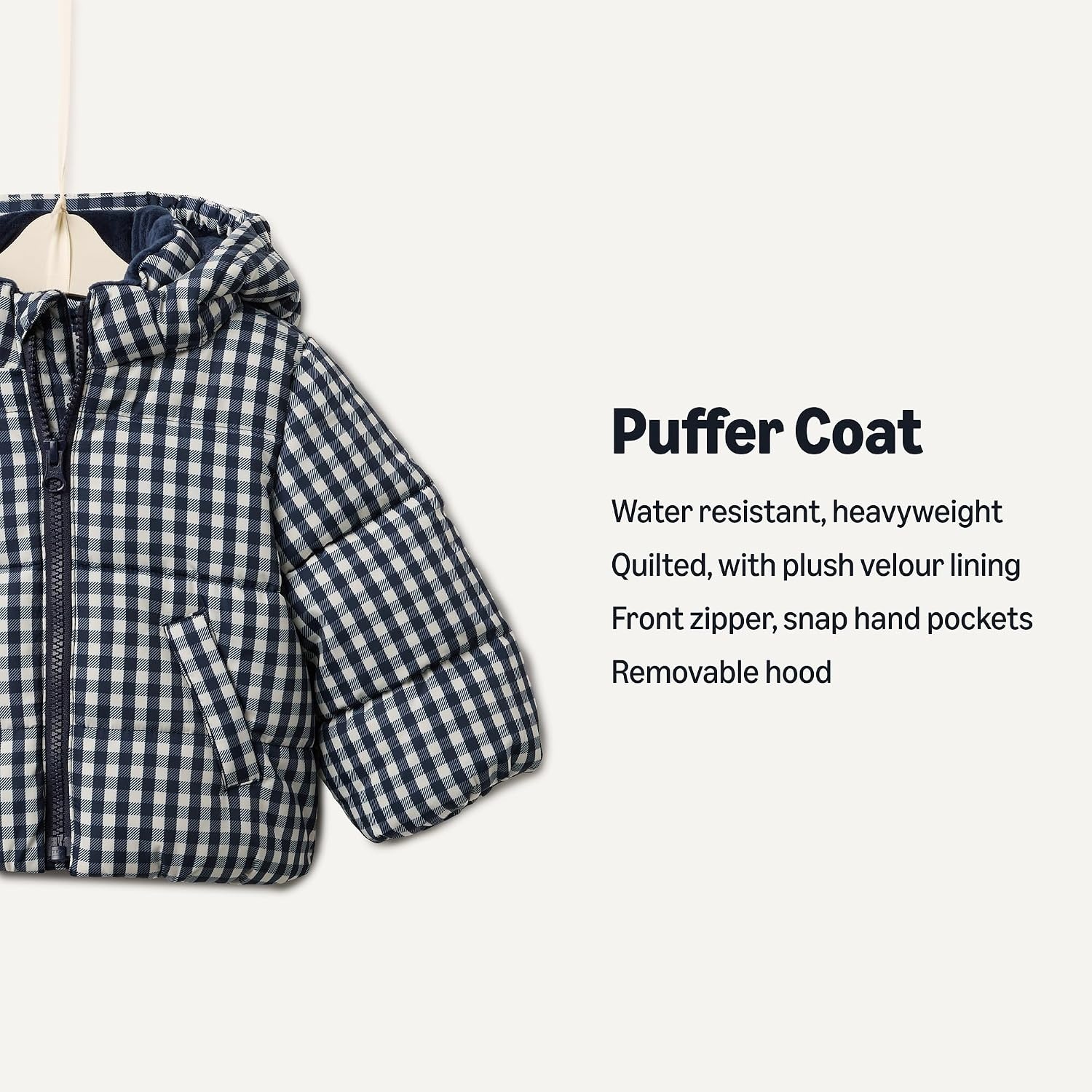 image:imageAmazon Essentials x Sofia Grainge Babies Toddlers and Boys WaterResistant Hooded Puffer JacketNavy Ivory Gingham