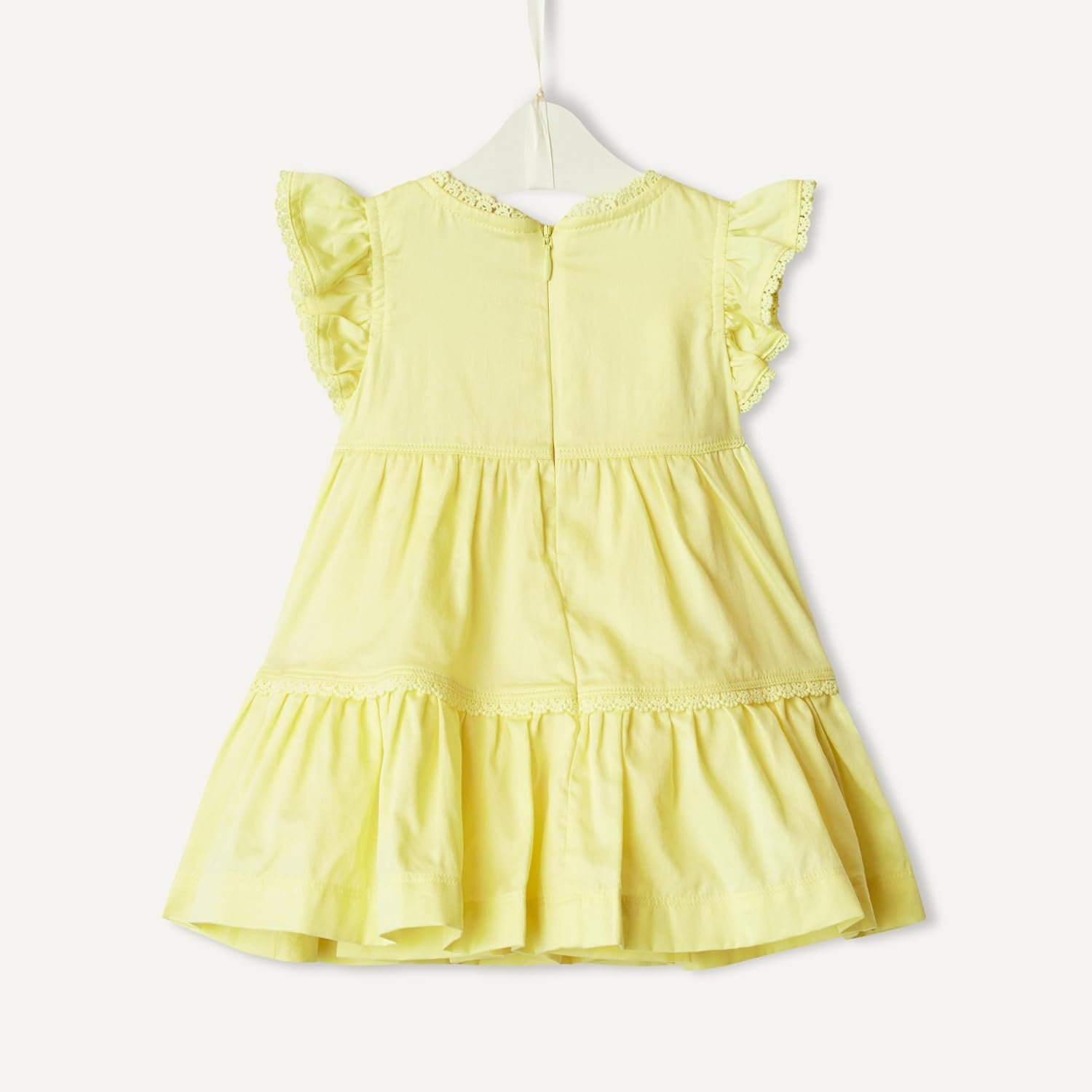 image:imageAmazon Essentials x Sofia Grainge Baby Girls Tiered Flounce Dress Soft Cotton Sateen Ruffle Sleeves with Lace TrimLight Yellow
