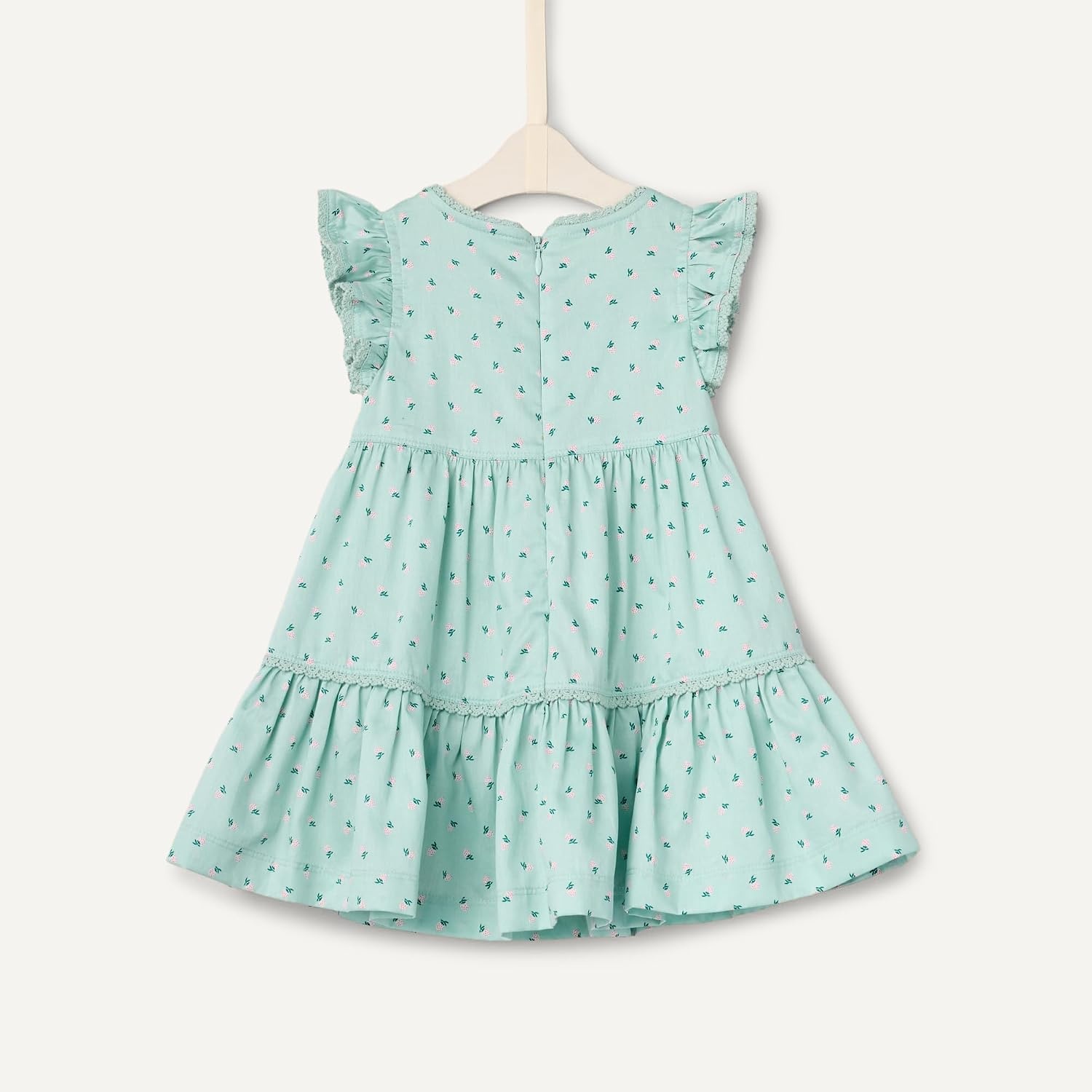 image:imageAmazon Essentials x Sofia Grainge Baby Girls Tiered Flounce Dress Soft Cotton Sateen Ruffle Sleeves with Lace TrimMint Little Strawberries