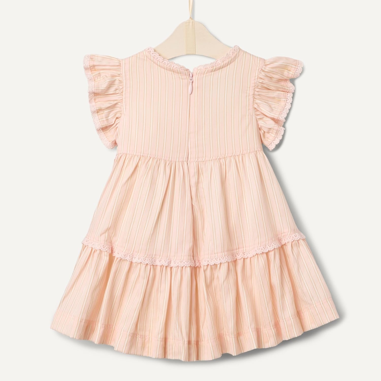 image:imageAmazon Essentials x Sofia Grainge Baby Girls Tiered Flounce Dress Soft Cotton Sateen Ruffle Sleeves with Lace TrimPeach Classic Stripe