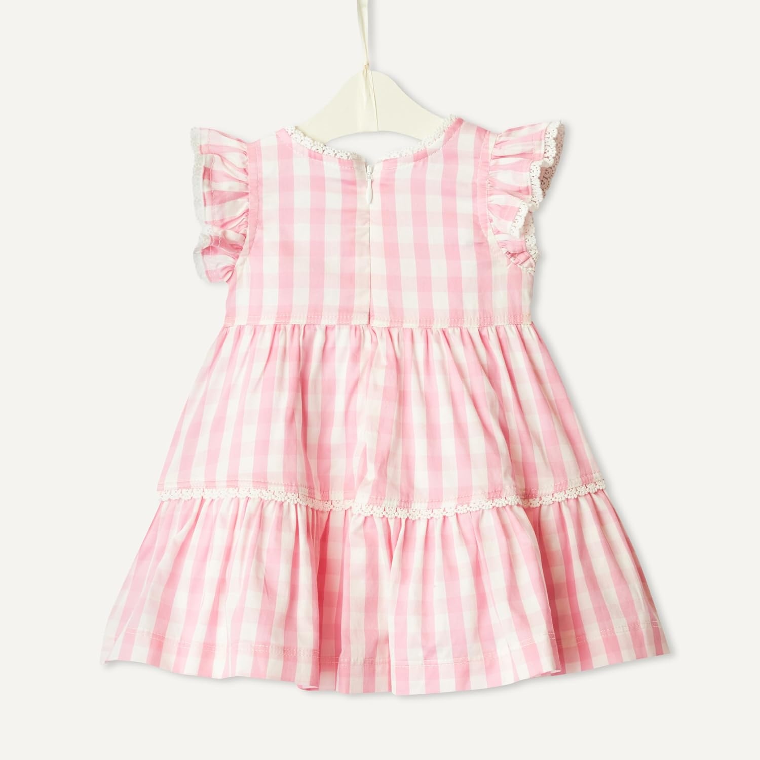 image:imageAmazon Essentials x Sofia Grainge Baby Girls Tiered Flounce Dress Soft Cotton Sateen Ruffle Sleeves with Lace TrimPink Big Gingham
