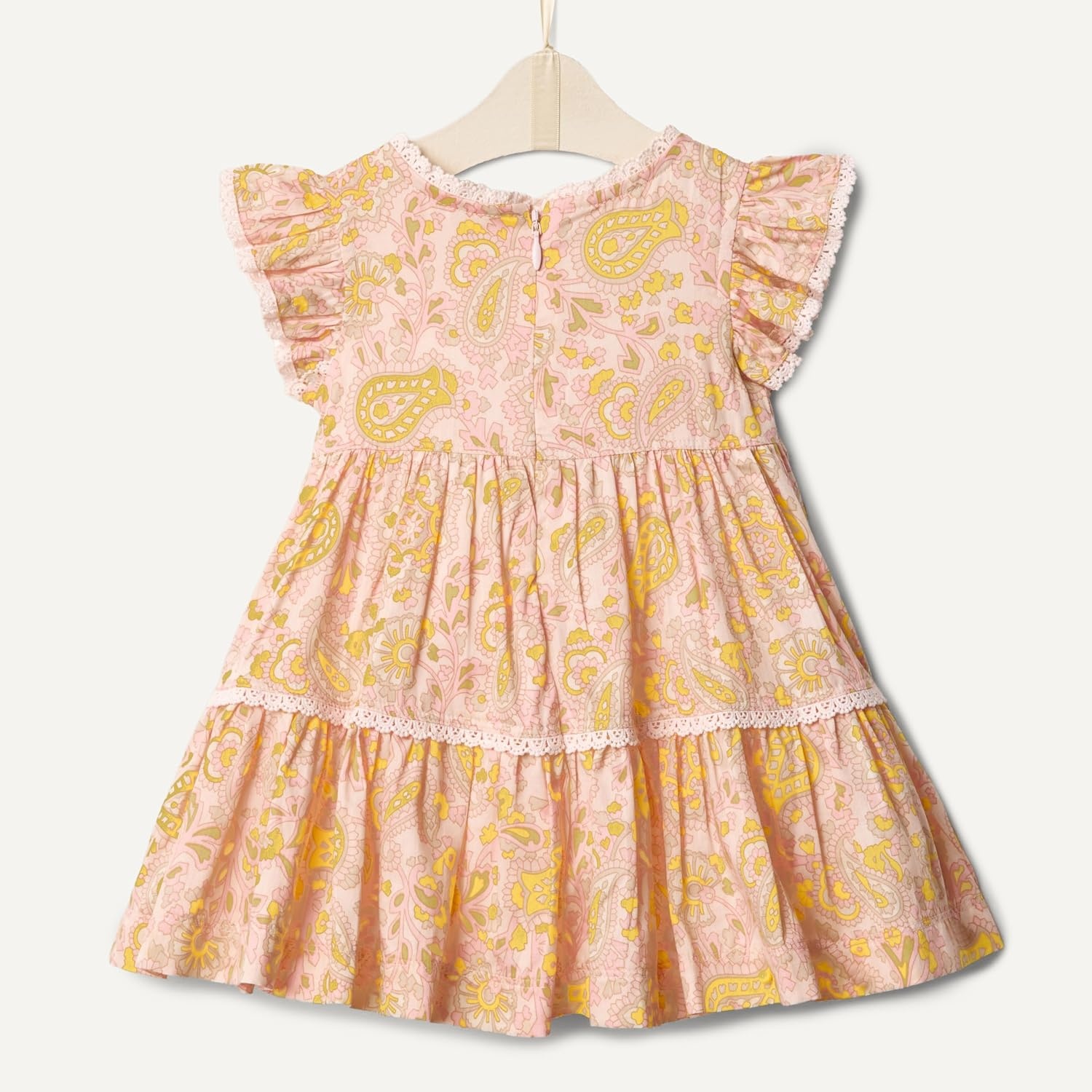 image:imageAmazon Essentials x Sofia Grainge Baby Girls Tiered Flounce Dress Soft Cotton Sateen Ruffle Sleeves with Lace TrimShell Pink Ornate Paisley