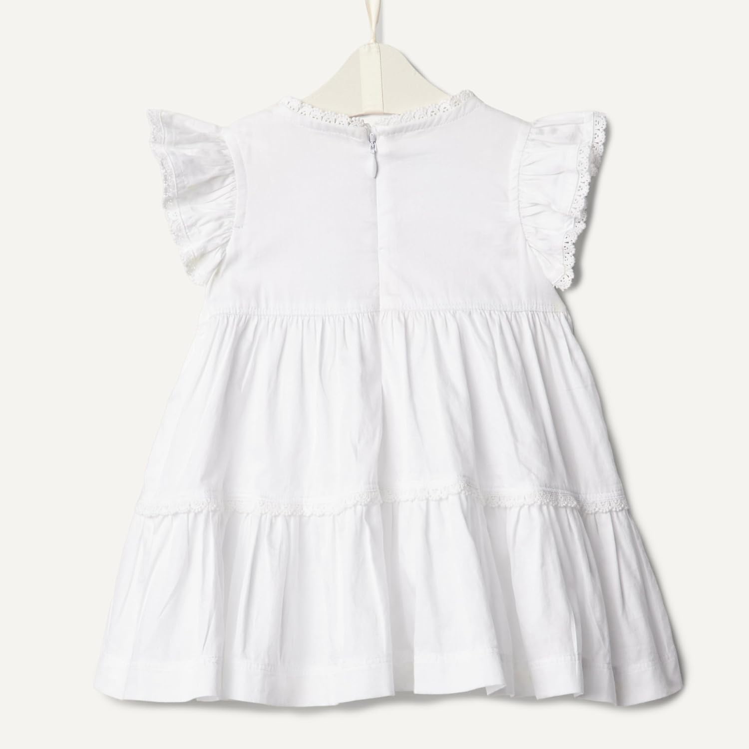 image:imageAmazon Essentials x Sofia Grainge Baby Girls Tiered Flounce Dress Soft Cotton Sateen Ruffle Sleeves with Lace TrimWhite