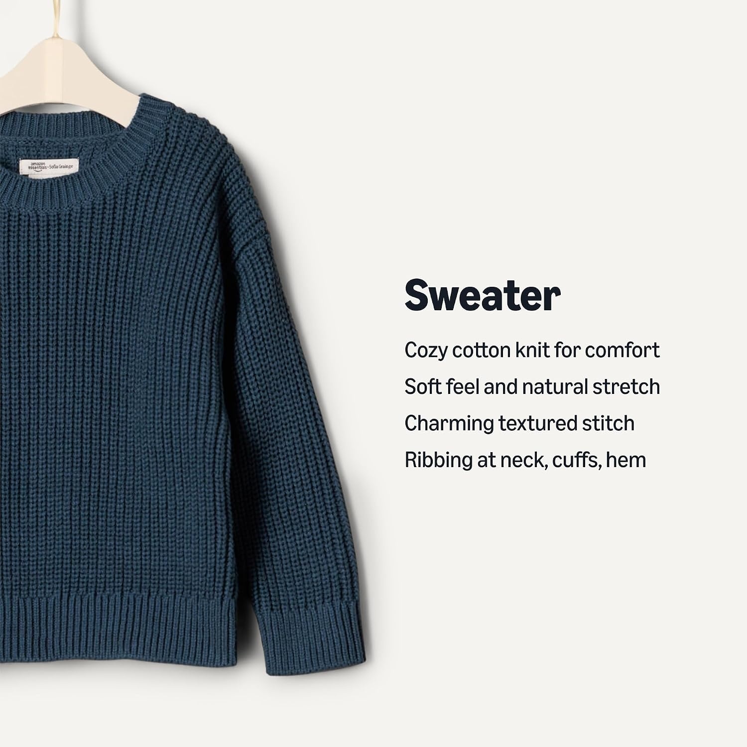 image:imageAmazon Essentials x Sofia Grainge Toddler and Baby Boys Cotton Knit Drop Shoulder Sweater with Ribbing at Neck Cuffs HemDark Navy