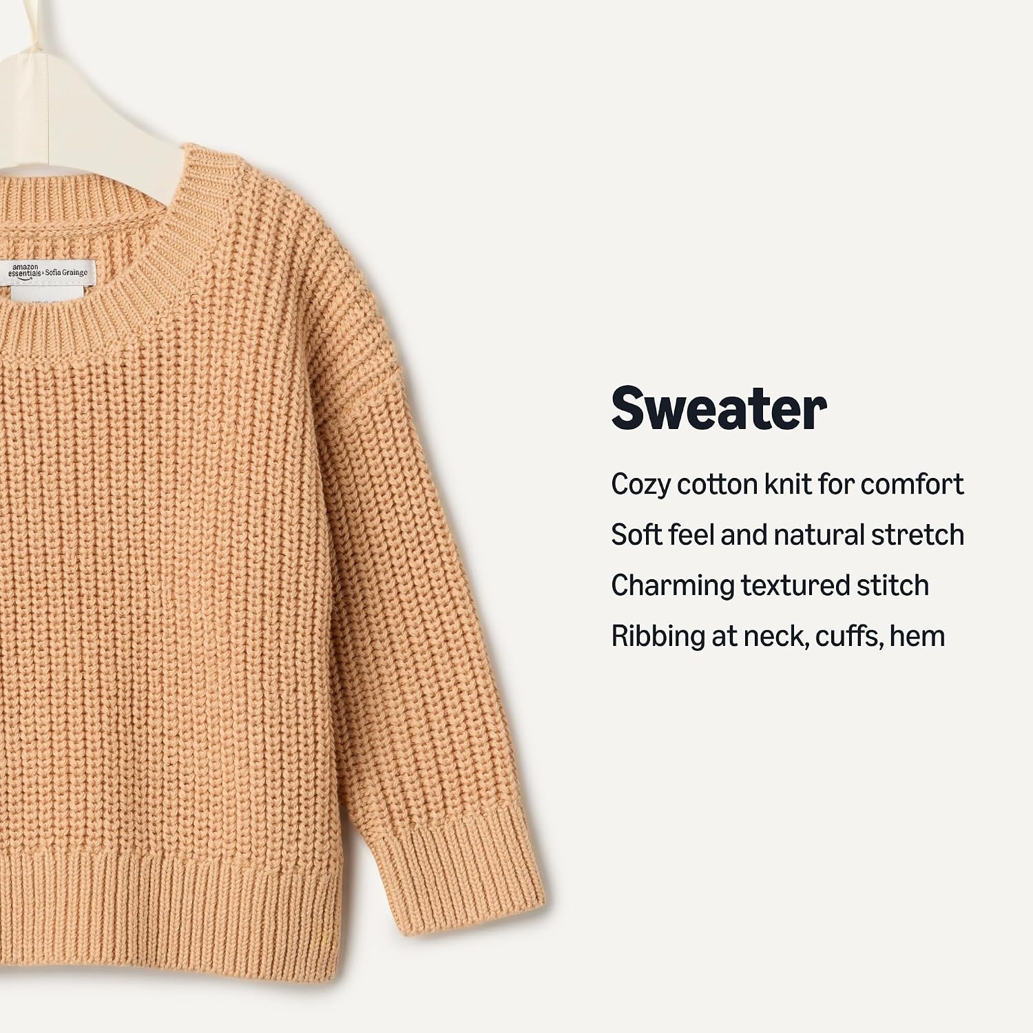 image:imageAmazon Essentials x Sofia Grainge Toddler and Baby Boys Cotton Knit Drop Shoulder Sweater with Ribbing at Neck Cuffs HemLight Camel
