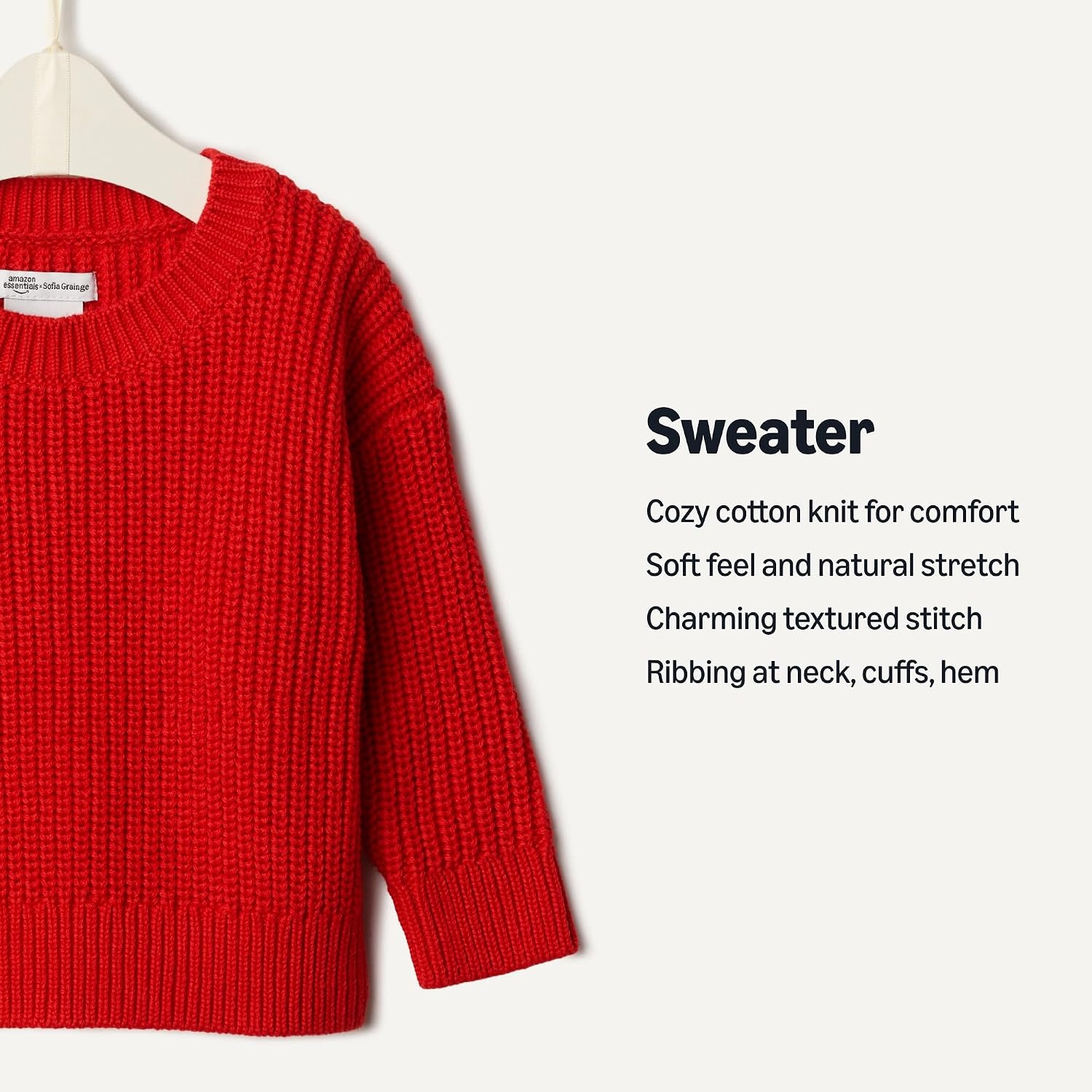image:imageAmazon Essentials x Sofia Grainge Toddler and Baby Boys Cotton Knit Drop Shoulder Sweater with Ribbing at Neck Cuffs HemRed