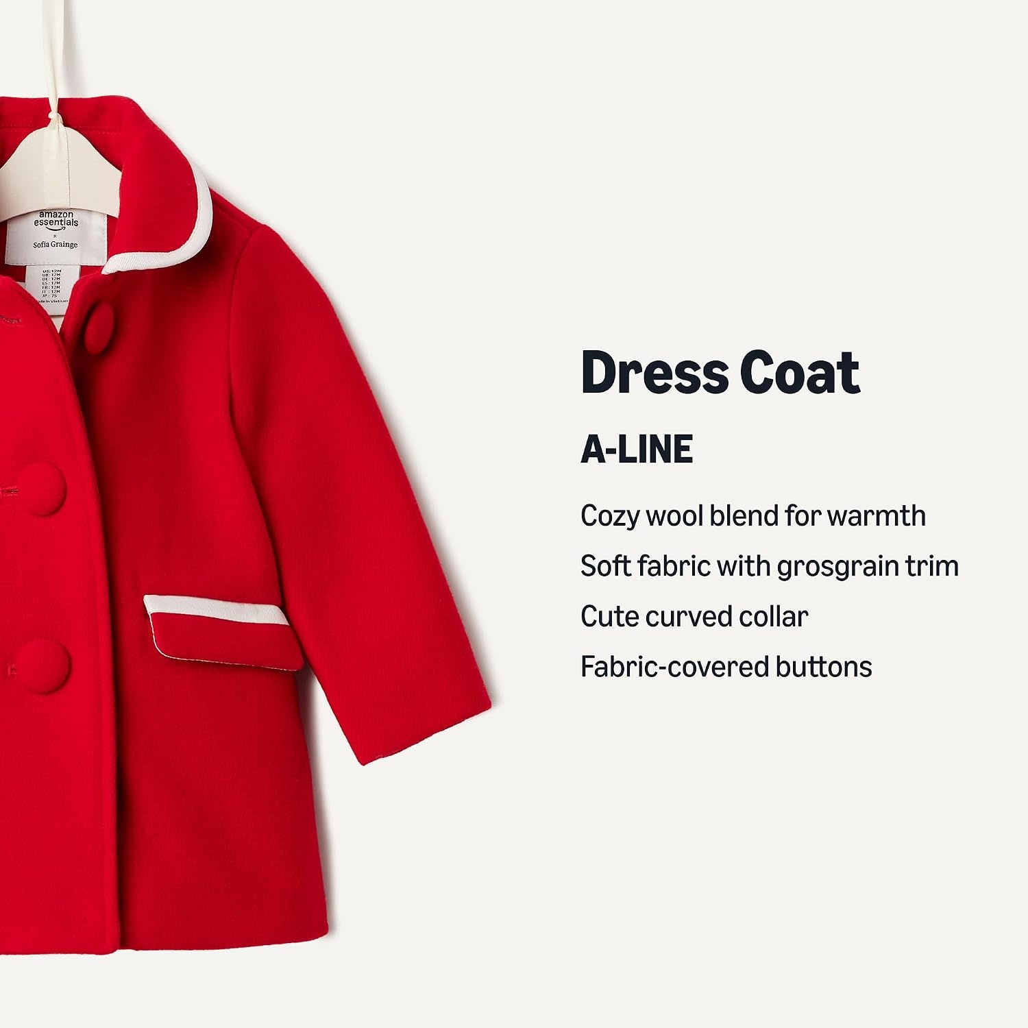 image:imageAmazon Essentials x Sofia Grainge Toddler and Baby Girls Wool Blend ALine Dress Coat with Curved CollarRed
