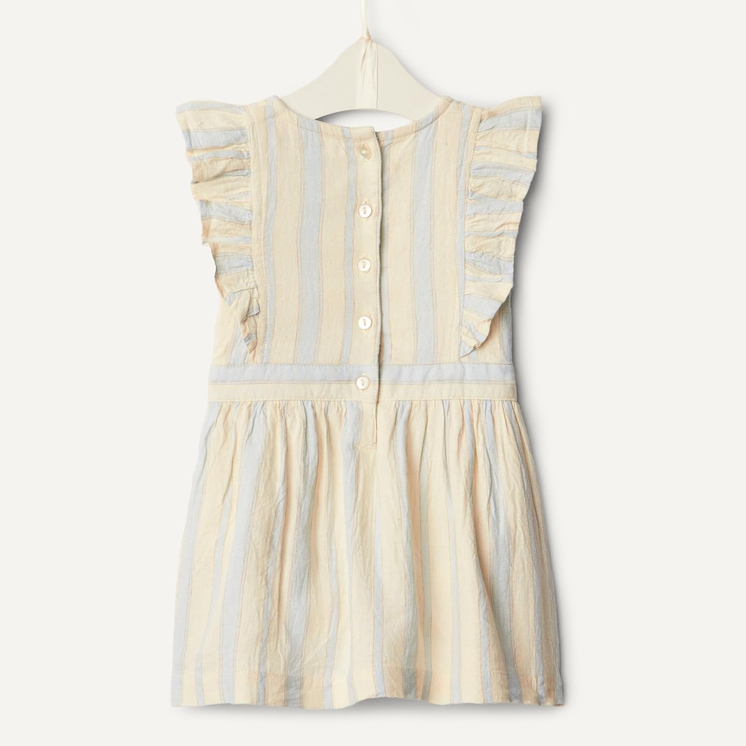 image:imageAmazon Essentials x Sofia Grainge Toddlers and Baby Girls Fit and Flare Linen Dress with Ruffle Flounce SleevesIvory Bar Stripe