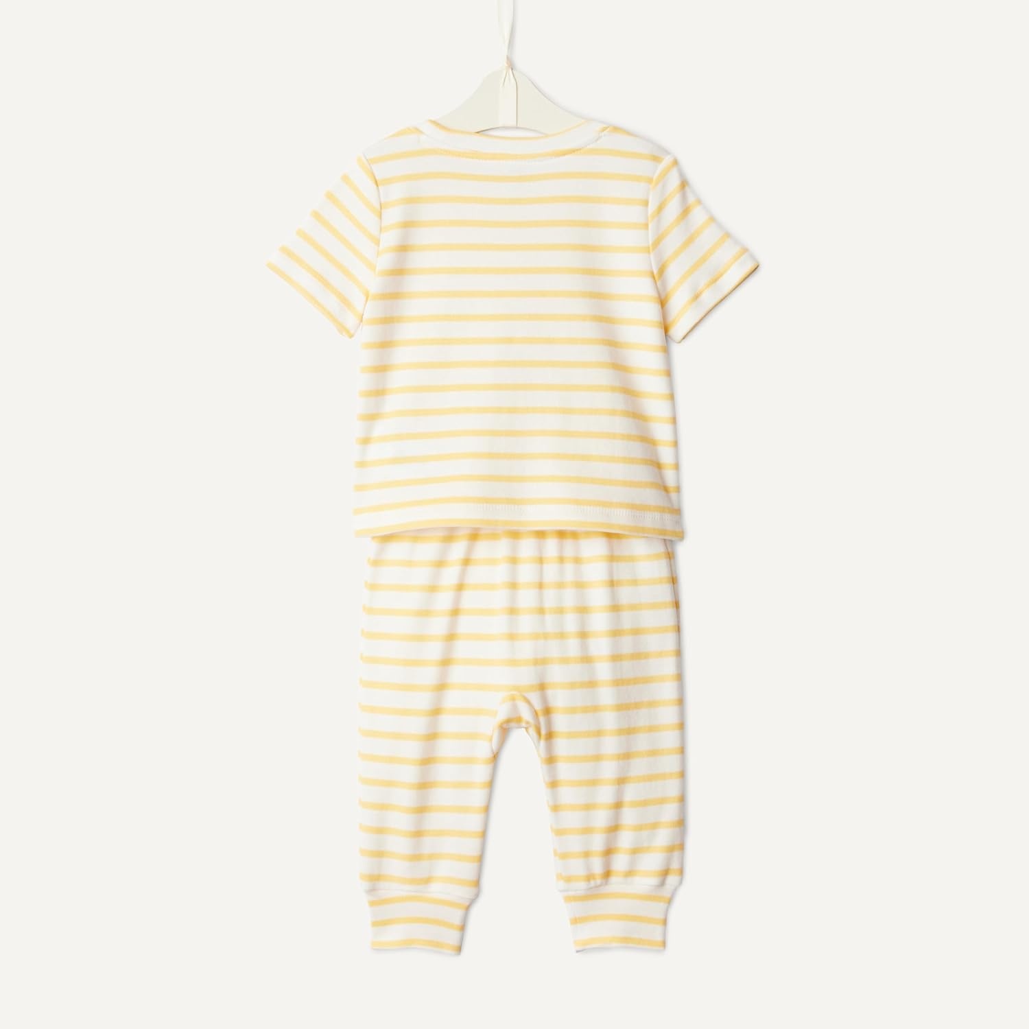 image:imageAmazon Essentials x Sofia Grainge Unisex Toddlers and Babies Cotton Knit Short Sleeve Shirt amp Pants SetWarm Yellow Ivory Uneven Stripe