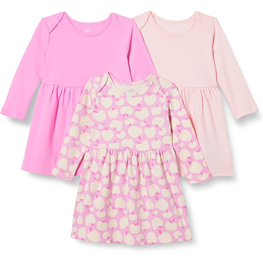 image:imageAmazon Essentials Baby Girls Cotton LongSleeve Dress with Gathered Waist Pack of 3PinkApples