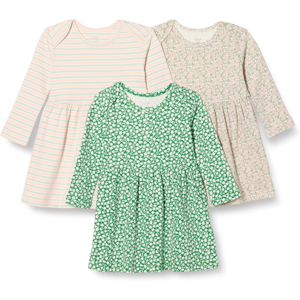 image:imageAmazon Essentials Baby Girls Cotton LongSleeve Dress with Gathered Waist Pack of 3Sage Green Ditsy FloralStripe