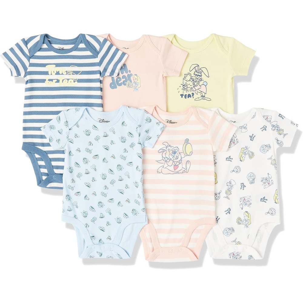 image:imageAmazon Essentials Disney Marvel Star Wars Princess Baby Girls Cotton Knit ShortSleeve Bodysuits Pack of 66pack Alice Tea Party