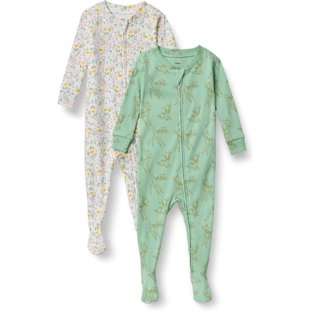 image:imageAmazon Essentials Disney Marvel Star Wars Unisex Babies SnugFit Cotton Footed Sleepers MultipacksBambi Nature Print
