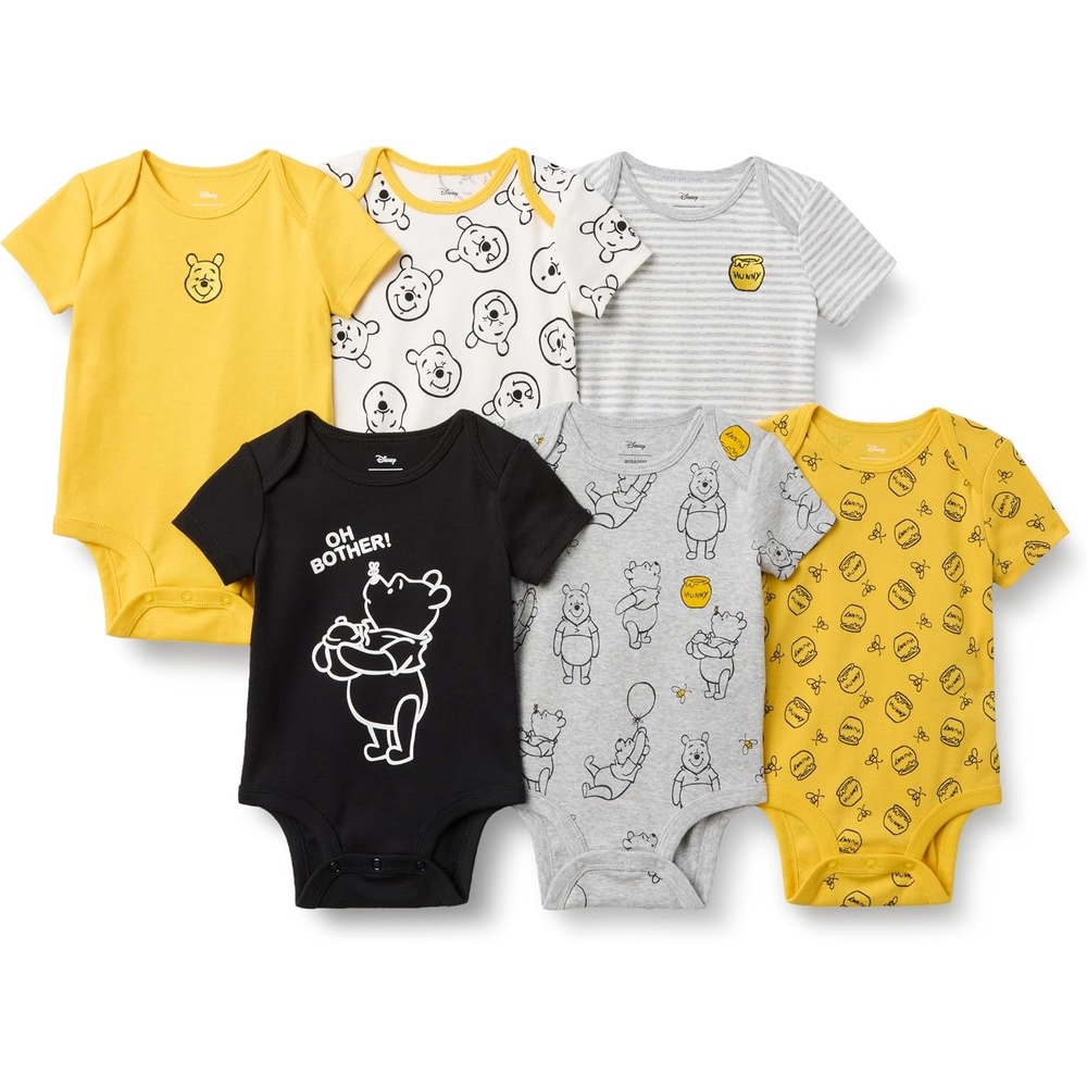image:imageAmazon Essentials Disney Marvel Star Wars Unisex Babies SnugFit Cotton Footed Sleepers MultipacksWinnie the Pooh Oh Bother
