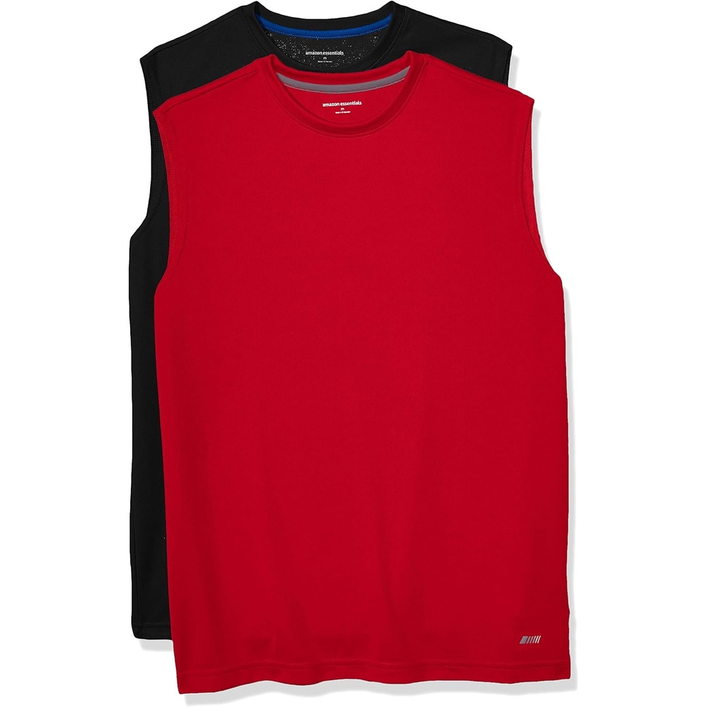 image:imageAmazon Essentials Mens Active Performance Tech Muscle Sleeveless Top Breathable Moisture Wicking Workout ShirtBlackRed