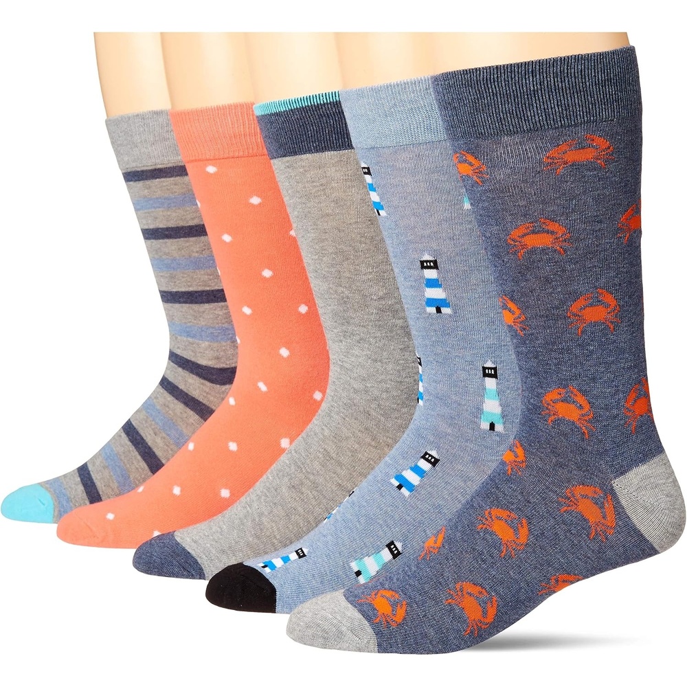 image:imageAmazon Essentials Mens Comfortable Patterned Dress Crew Socks 5 PairsBlueGreyNavy CrabOrange DotsStripe