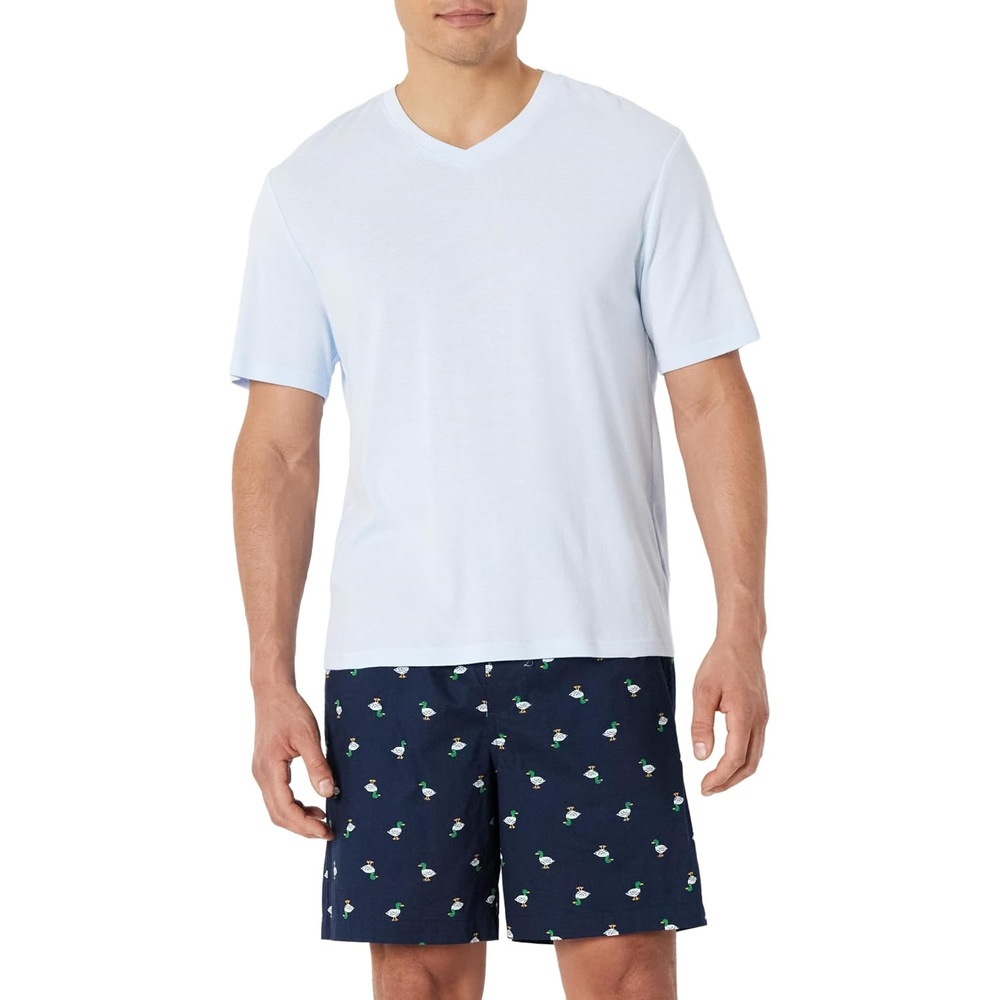 image:imageAmazon Essentials Mens Cotton Poplin Pajama Short with TShirt Set Breathable Loungewear Summer SleepwearDucksLight Blue