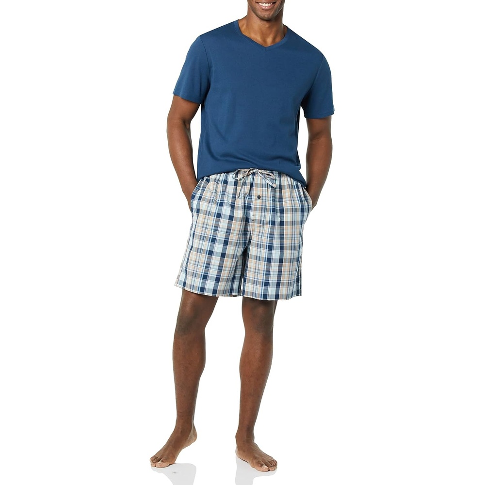 image:imageAmazon Essentials Mens Cotton Poplin Pajama Short with TShirt Set Breathable Loungewear Summer SleepwearIndigoNavy Plaid
