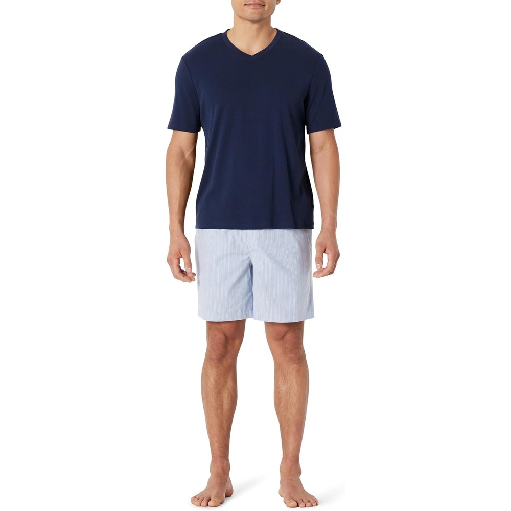 image:imageAmazon Essentials Mens Cotton Poplin Pajama Short with TShirt Set Breathable Loungewear Summer SleepwearNavyThin Stripe