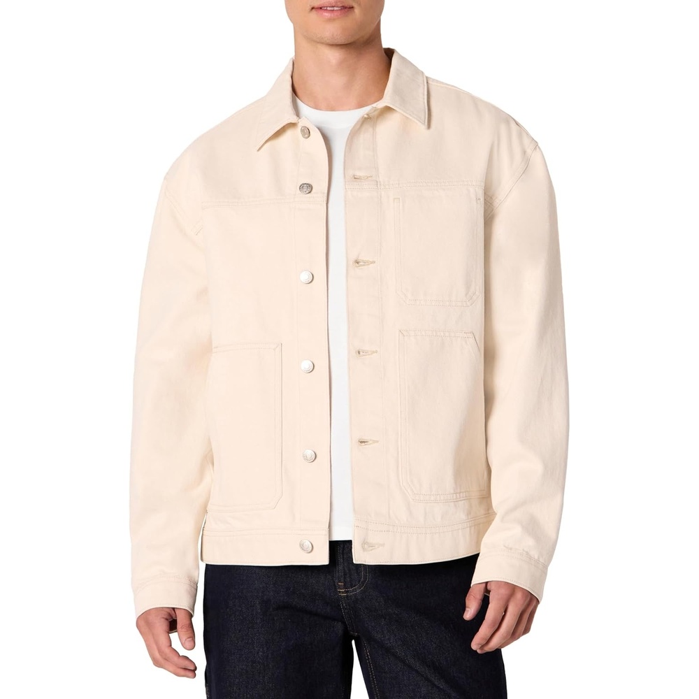 image:imageAmazon Essentials Mens Heavyweight Rigid Denim RelaxedFit Utility Jacket with Pockets Shank Button ClosureEcru