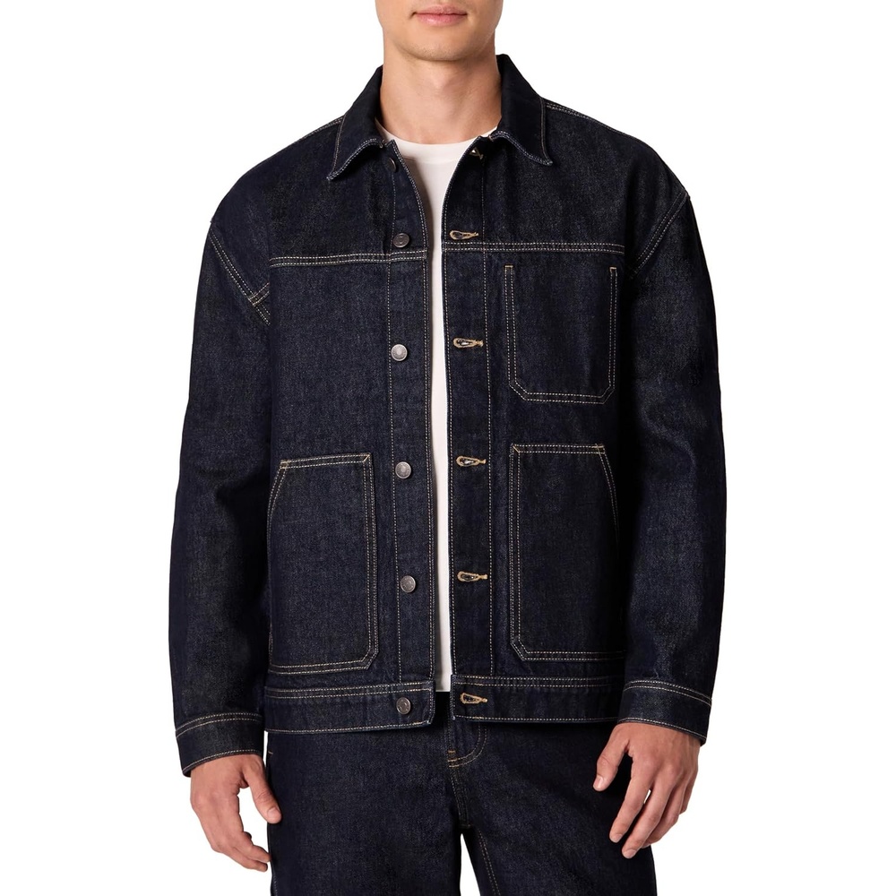 image:imageAmazon Essentials Mens Heavyweight Rigid Denim RelaxedFit Utility Jacket with Pockets Shank Button ClosureRinse