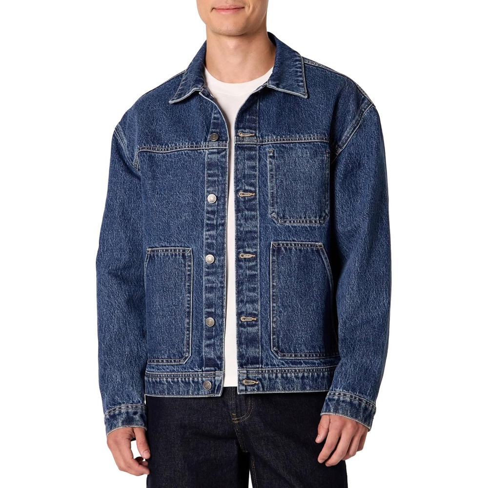 image:imageAmazon Essentials Mens Heavyweight Rigid Denim RelaxedFit Utility Jacket with Pockets Shank Button ClosureTinted Medium Blue