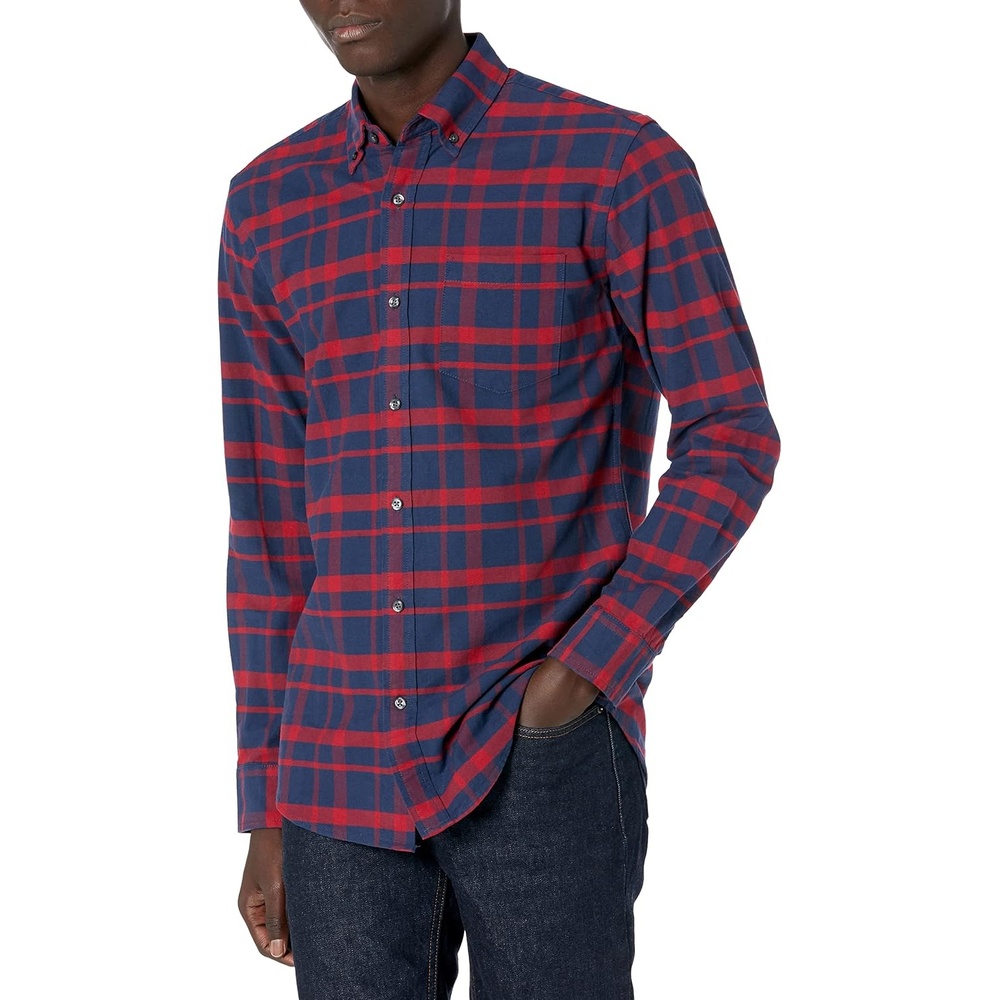 image:imageAmazon Essentials Mens LongSleeve Pocket Oxford ShirtNavy Windowpane
