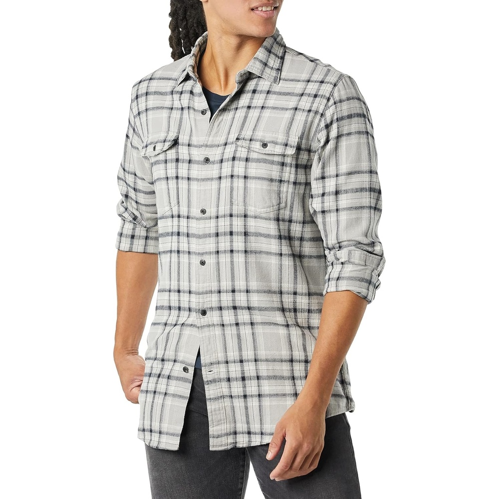 image:imageAmazon Essentials Mens RegularFit LongSleeve Flannel Shirt ButtonUp Cotton Twill Double Chest PocketsBlack Light Grey Plaid