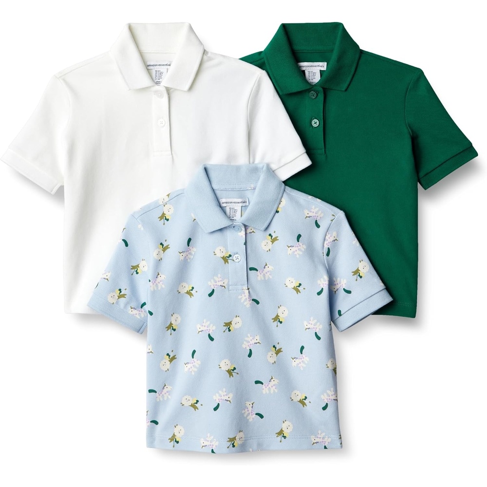 image:imageAmazon Essentials Toddlers and Baby Girls Cotton Spandex Polo Shirt Breathable Stretch Pique Knit Pack of 3Dark GreenWhiteLion and Pony