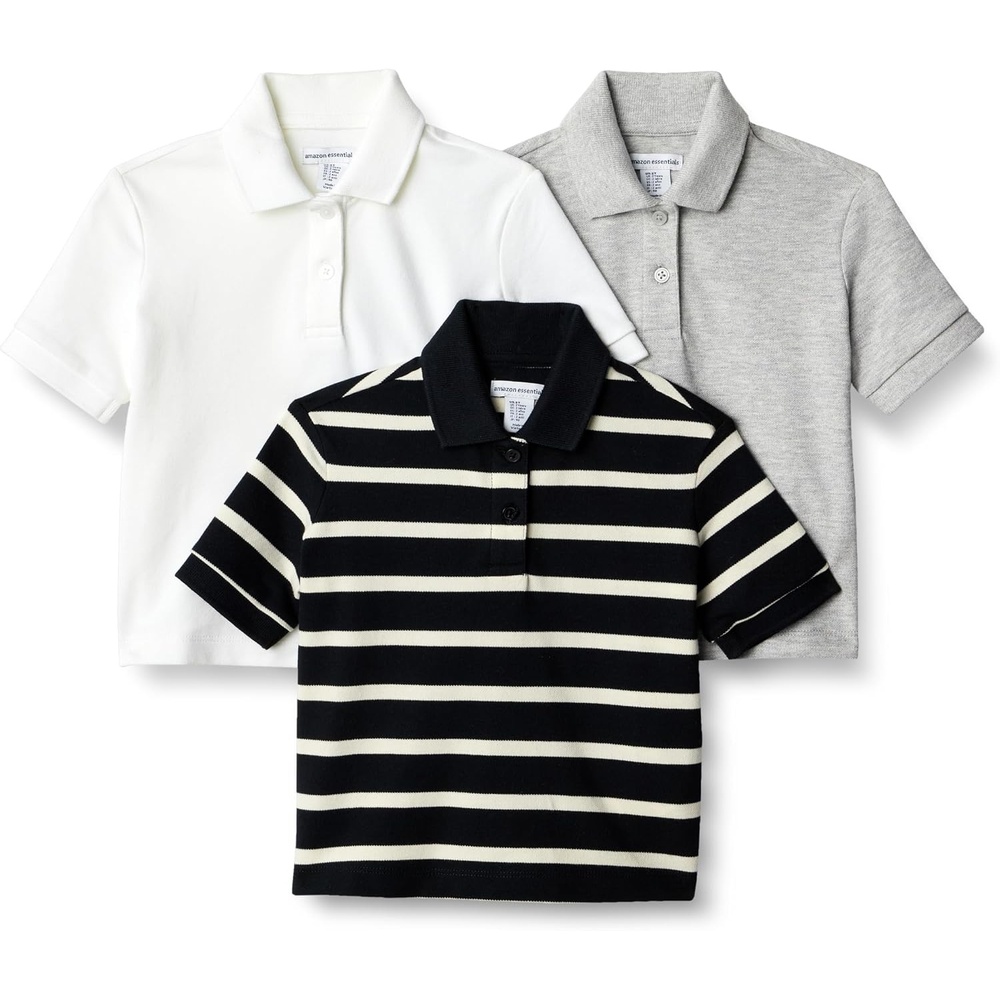 image:imageAmazon Essentials Toddlers and Baby Girls Cotton Spandex Polo Shirt Breathable Stretch Pique Knit Pack of 3Light Grey HeatherWhiteStripe