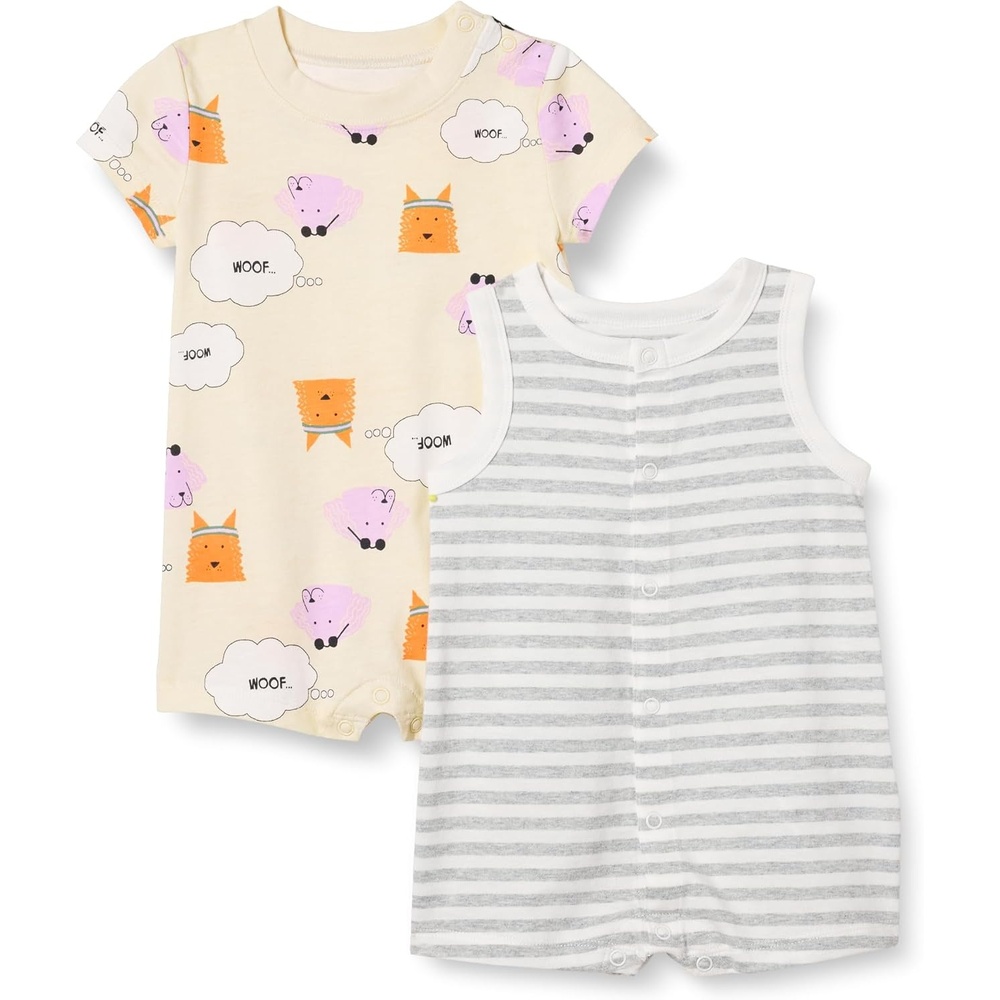 image:imageAmazon Essentials Unisex Babies Cotton Jersey Sleeveless and ShortSleeve Romper Set Pack of 2Beige DogsHeather Stripe