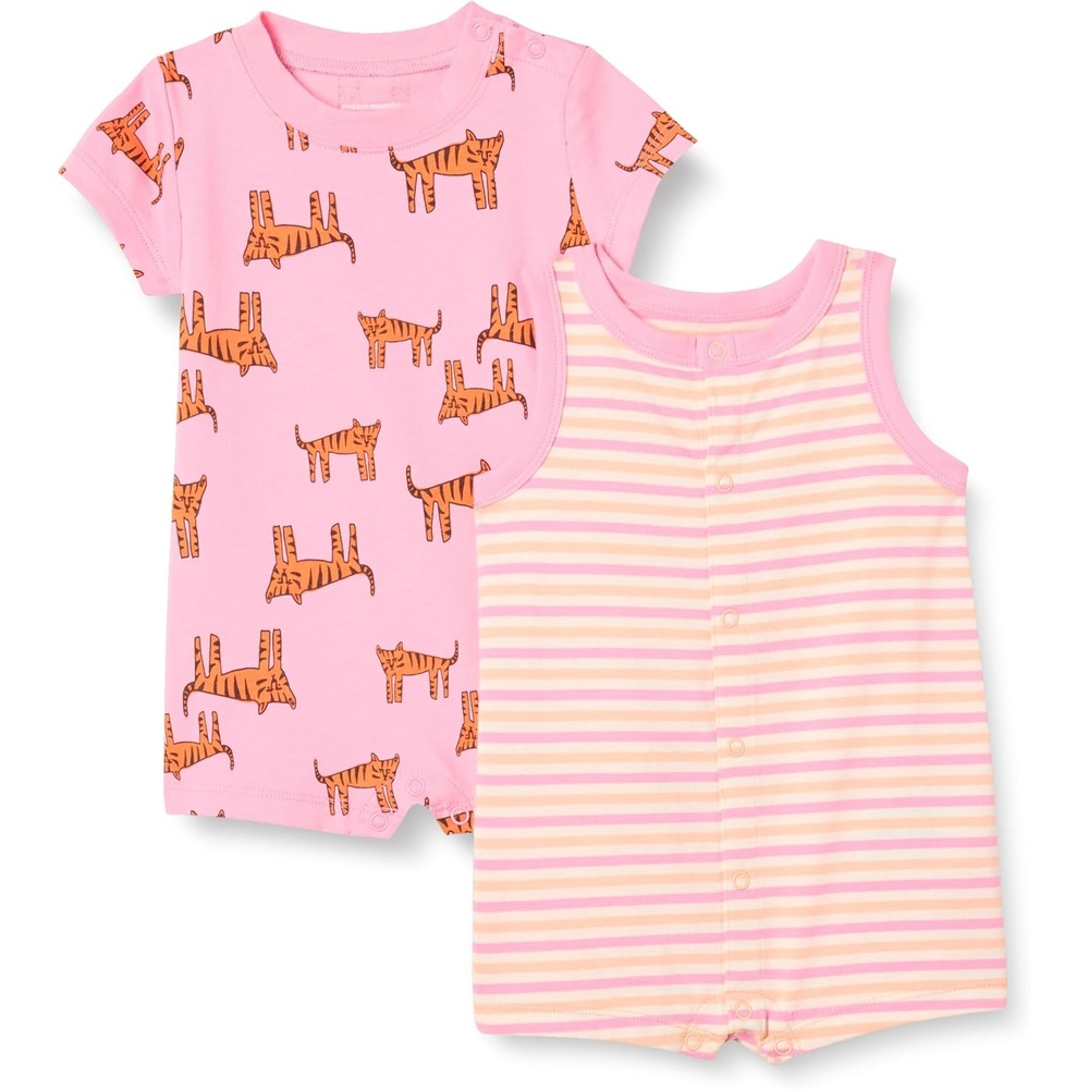 image:imageAmazon Essentials Unisex Babies Cotton Jersey Sleeveless and ShortSleeve Romper Set Pack of 2Pink TigersStripe
