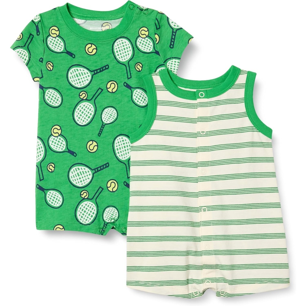 image:imageAmazon Essentials Unisex Babies Cotton Jersey Sleeveless and ShortSleeve Romper Set Pack of 2SportyStripe