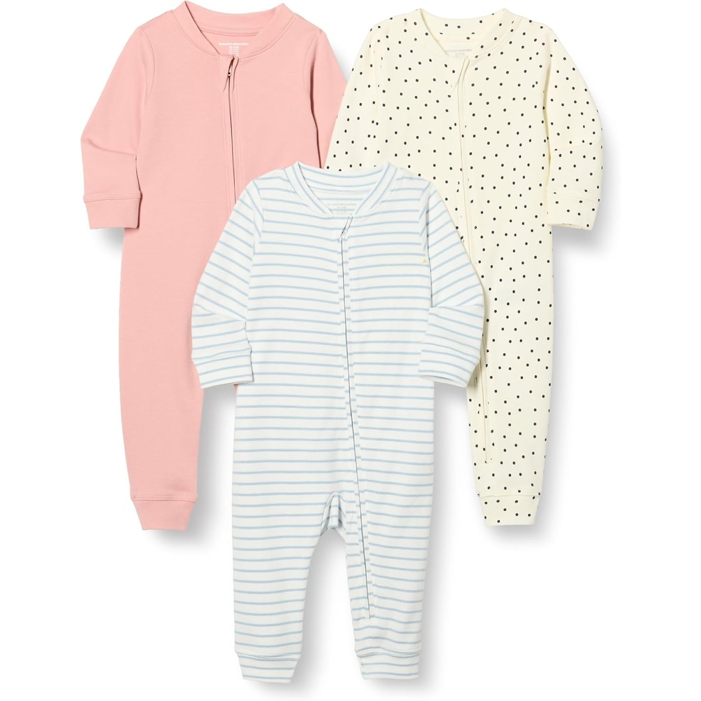 image:imageAmazon Essentials Unisex Babies Cotton ZipFront Sleep and Play Footless Sleepsuit Pack of 3Dusty RoseDotsStripe