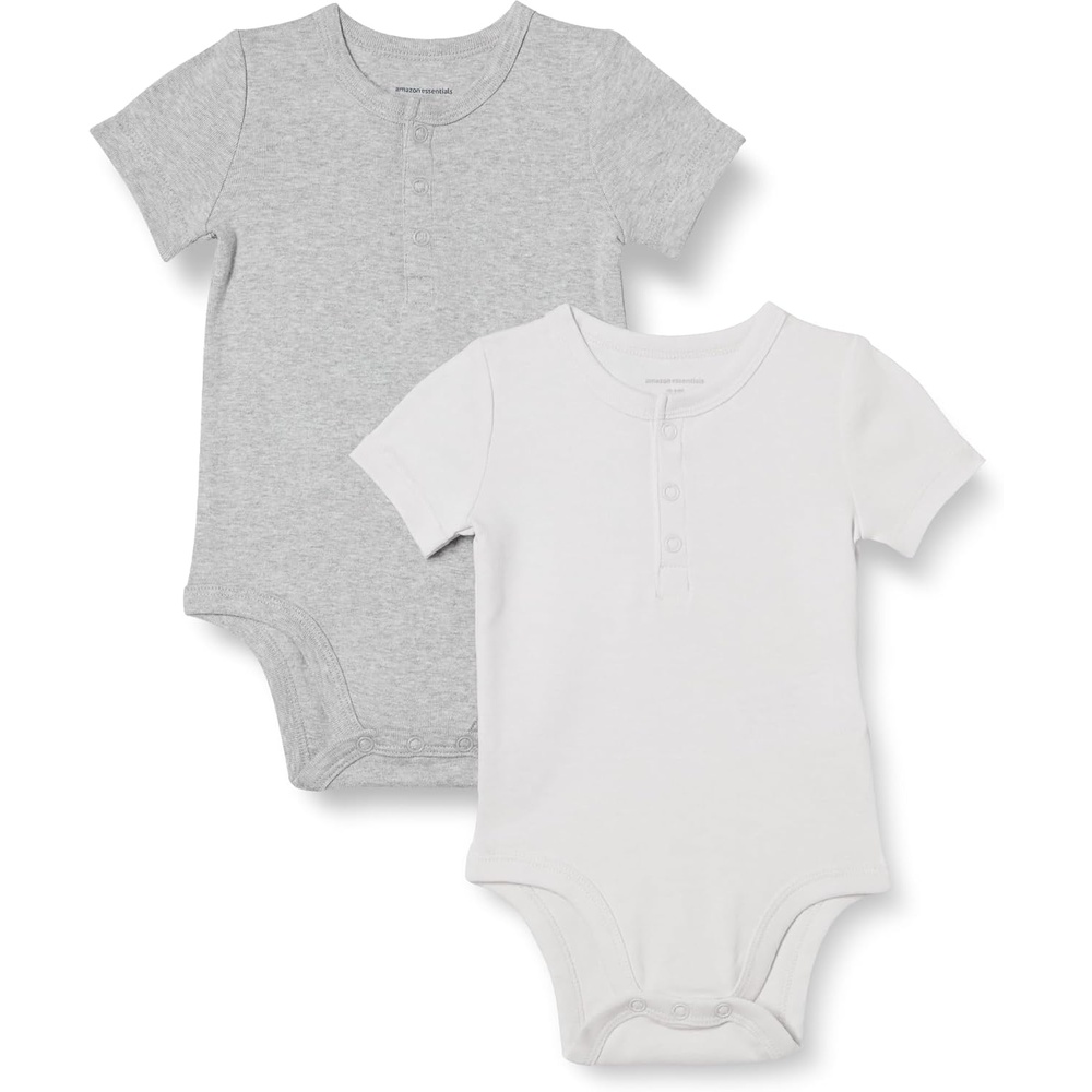 image:imageAmazon Essentials Unisex Babies Short Sleeve Henley Bodysuit Pack of 2IvoryLight Grey Heather