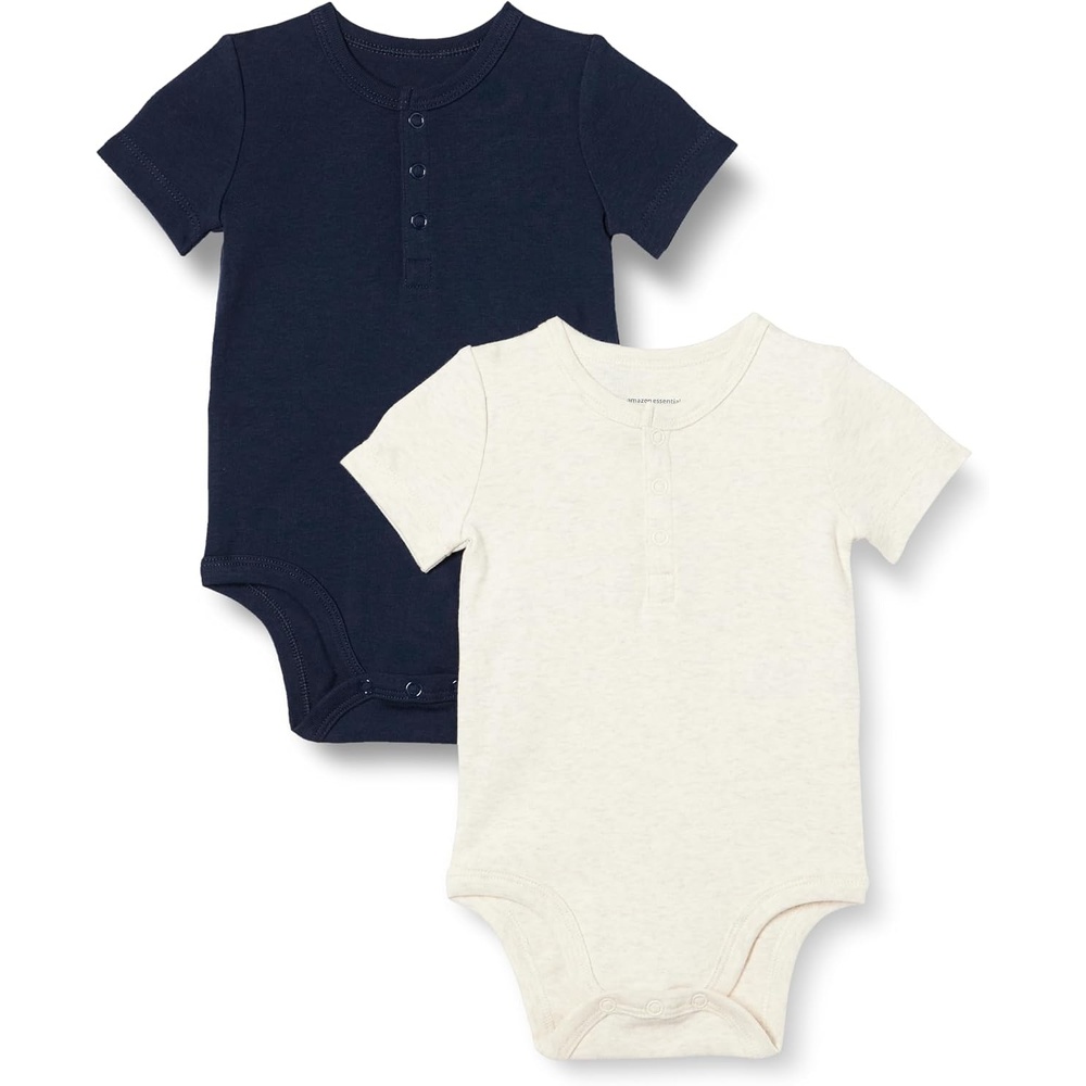 image:imageAmazon Essentials Unisex Babies Short Sleeve Henley Bodysuit Pack of 2Oatmeal HeatherNavy