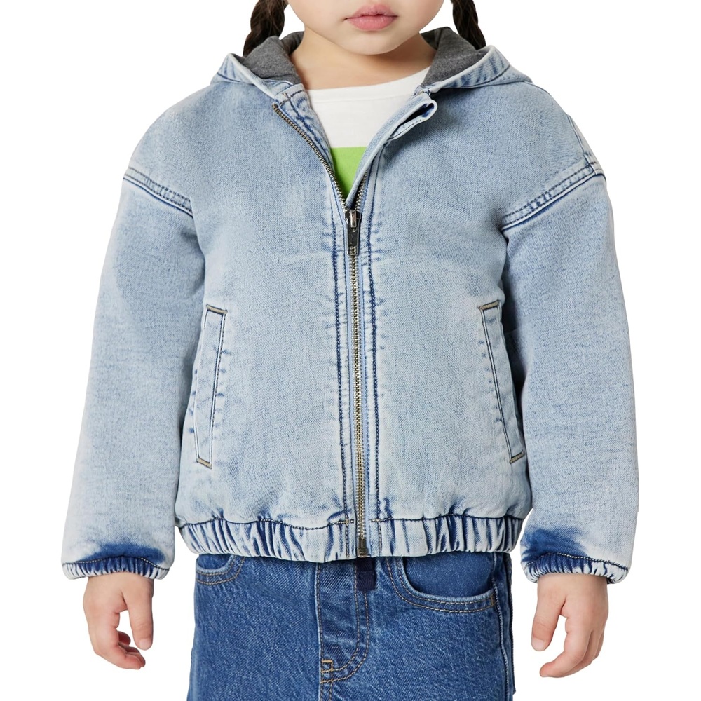 image:imageAmazon Essentials Unisex Babies Soft Stretch RegularFit Denim Jacket with HoodStone Light Wash