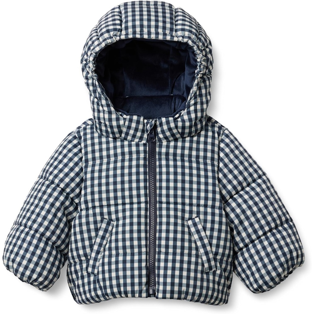 image:imageAmazon Essentials x Sofia Grainge Babies Toddlers and Boys WaterResistant Hooded Puffer JacketIvory Light Camel Gingham