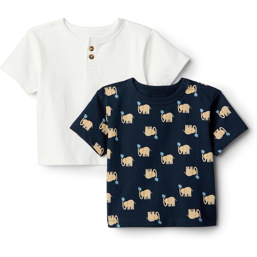 image:imageAmazon Essentials x Sofia Grainge Baby Boys Cotton Crewneck Short Sleeve TShirts with Shoulder SnapElephantsWhite