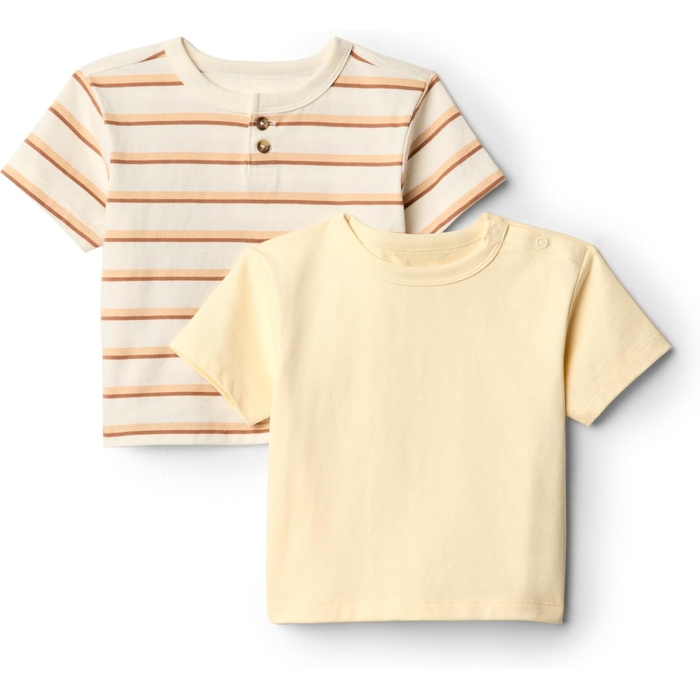 image:imageAmazon Essentials x Sofia Grainge Baby Boys Cotton Crewneck Short Sleeve TShirts with Shoulder SnapPale YellowStripe