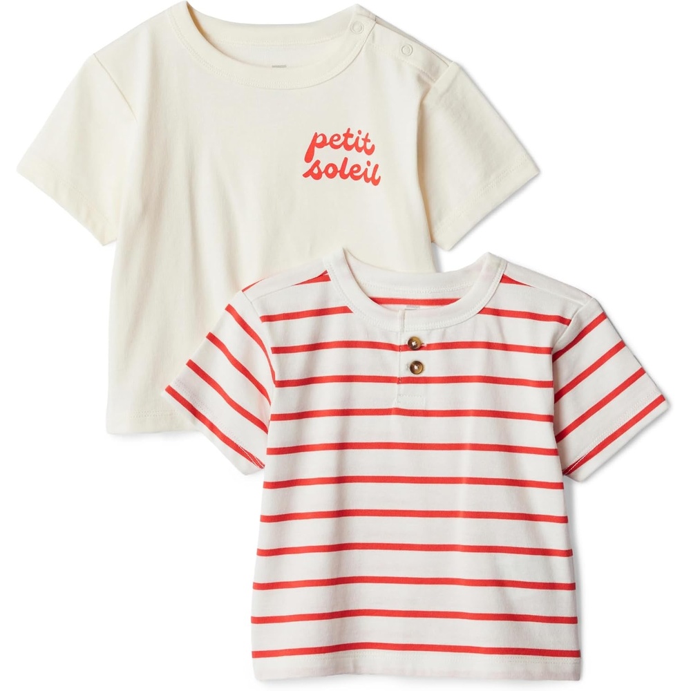 image:imageAmazon Essentials x Sofia Grainge Baby Boys Cotton Crewneck Short Sleeve TShirts with Shoulder SnapPetit SoleilUneven Stripe