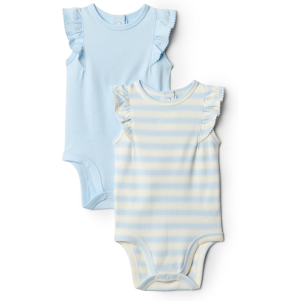 image:imageAmazon Essentials x Sofia Grainge Baby Girls Cotton Ruffle Sleeve Bodysuit with Embroidered Detail Pack of 2Light BlueStripe