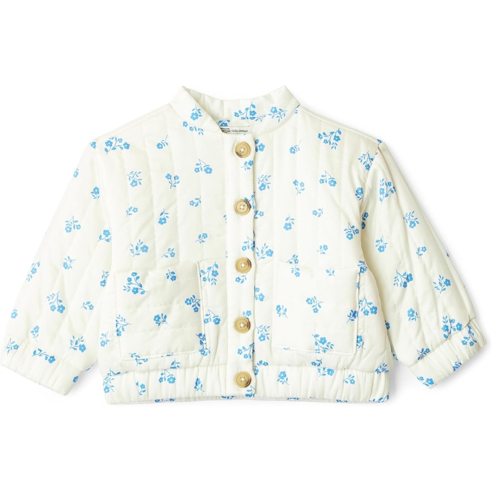 image:imageAmazon Essentials x Sofia Grainge Baby Girls Cotton Sateen Lightweight Printed JacketIvory Blue Floral