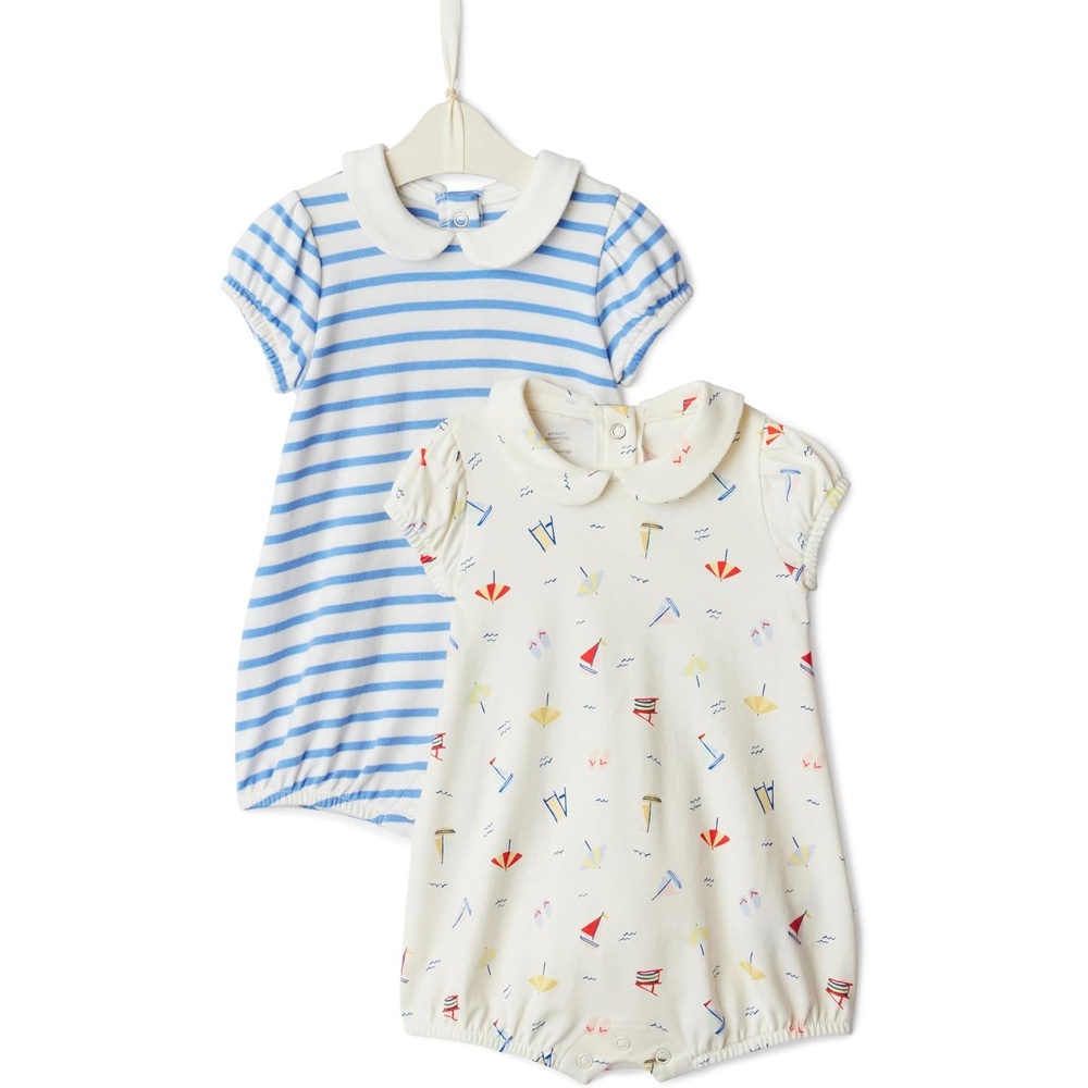 image:imageAmazon Essentials x Sofia Grainge Baby Girls Cotton Short Sleeve Romper with Peter Pan CollarSailboatsUneven Stripe