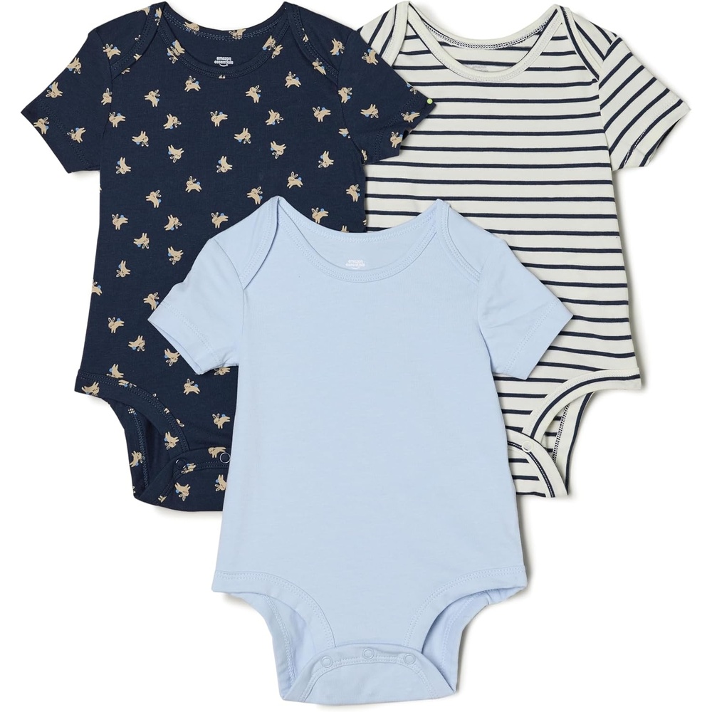 image:imageAmazon Essentials x Sofia Grainge Baby Girls Short Sleeve Crewneck Bodysuit Pack of 3BunniesLight BlueStripe